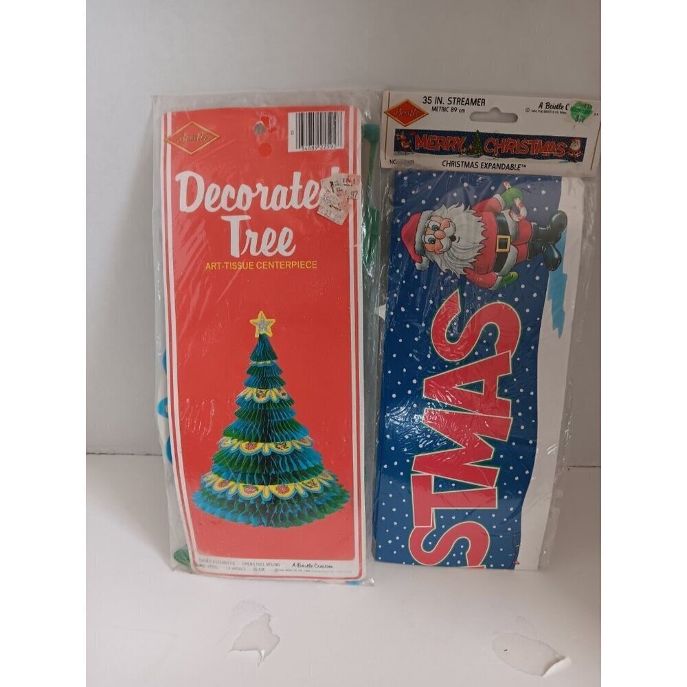 Vtg 1984 Beistle Honeycomb Christmas Tree Centerpiece 14” And Christmas Banner